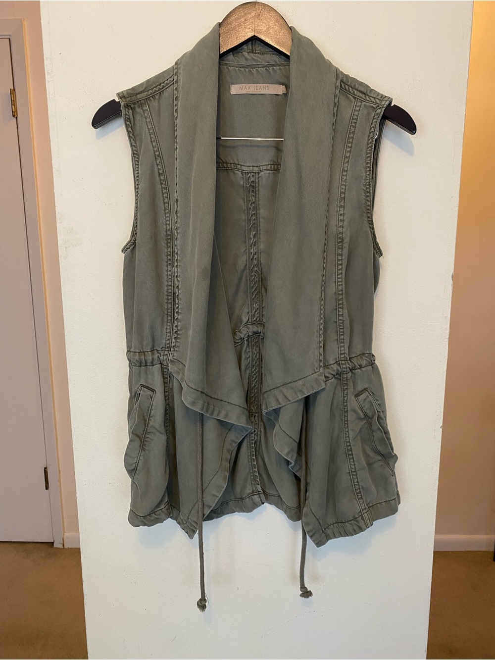 Max Jeans Olive Green Pocket Vest Drawstring Cinched Waist Womens Small Military
